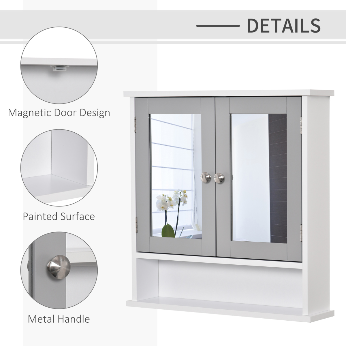 kleankin Wall-Mounted Mirror Cabinet with Double Mirrored Doors and Open Shelf – Bathroom Storage, Grey