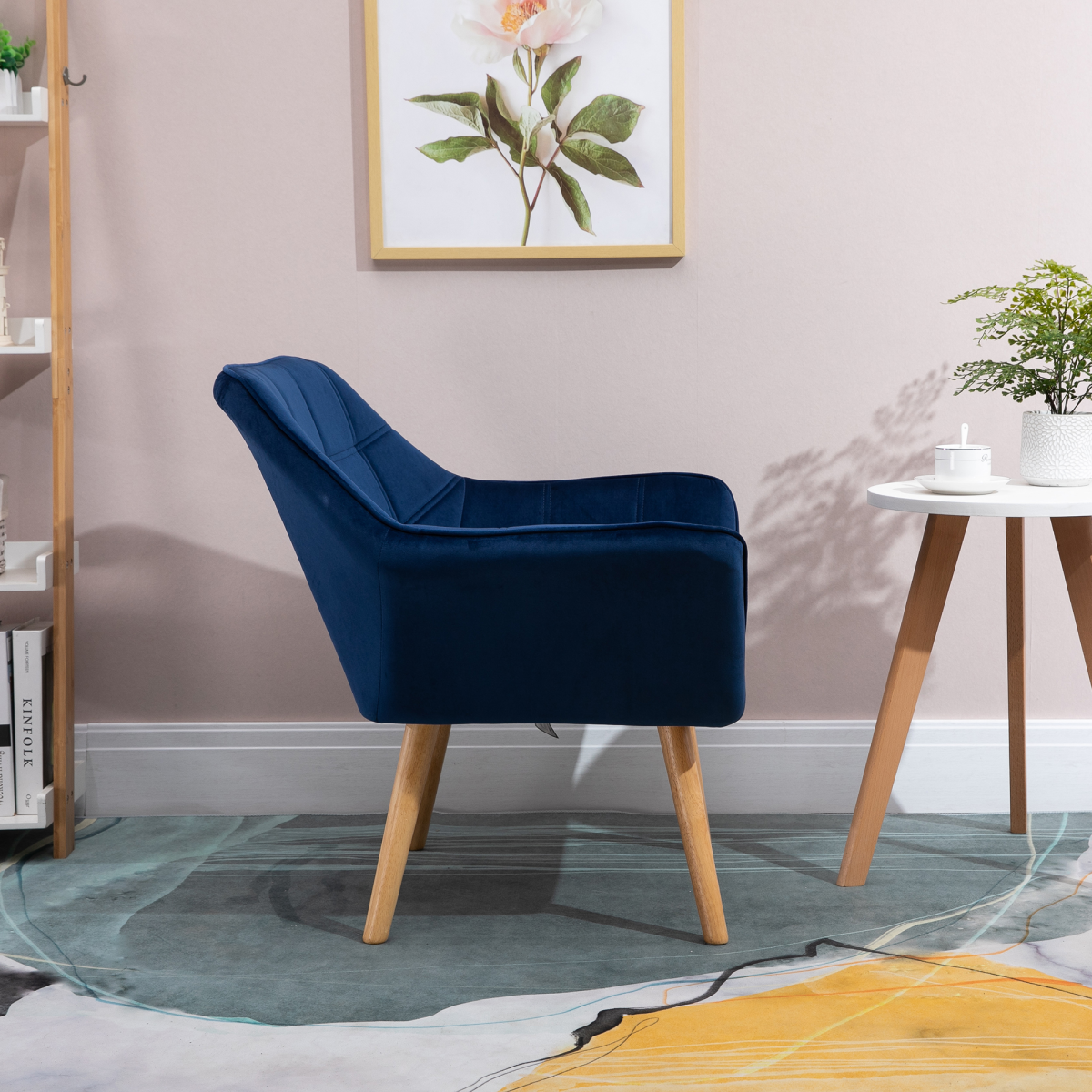 Luxe Velvet-Feel Accent Tub Chair with Wide Arms & Solid Wood Legs – Living Room Armchair, Blue