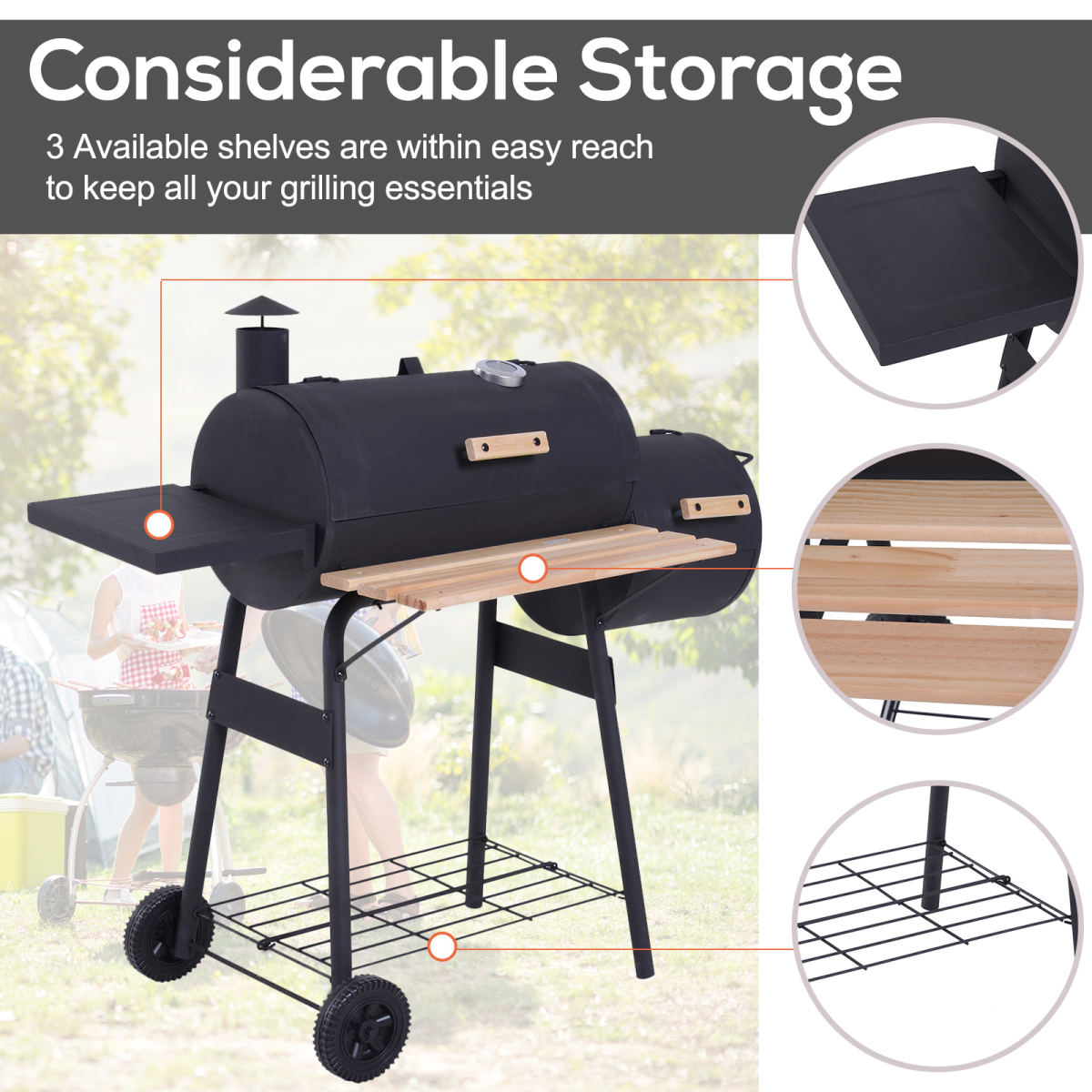 Outsunny Charcoal BBQ Grill with Offset Smoker, Lid Thermometer, Shelves & Wheels – Portable Steel Garden Barbecue
