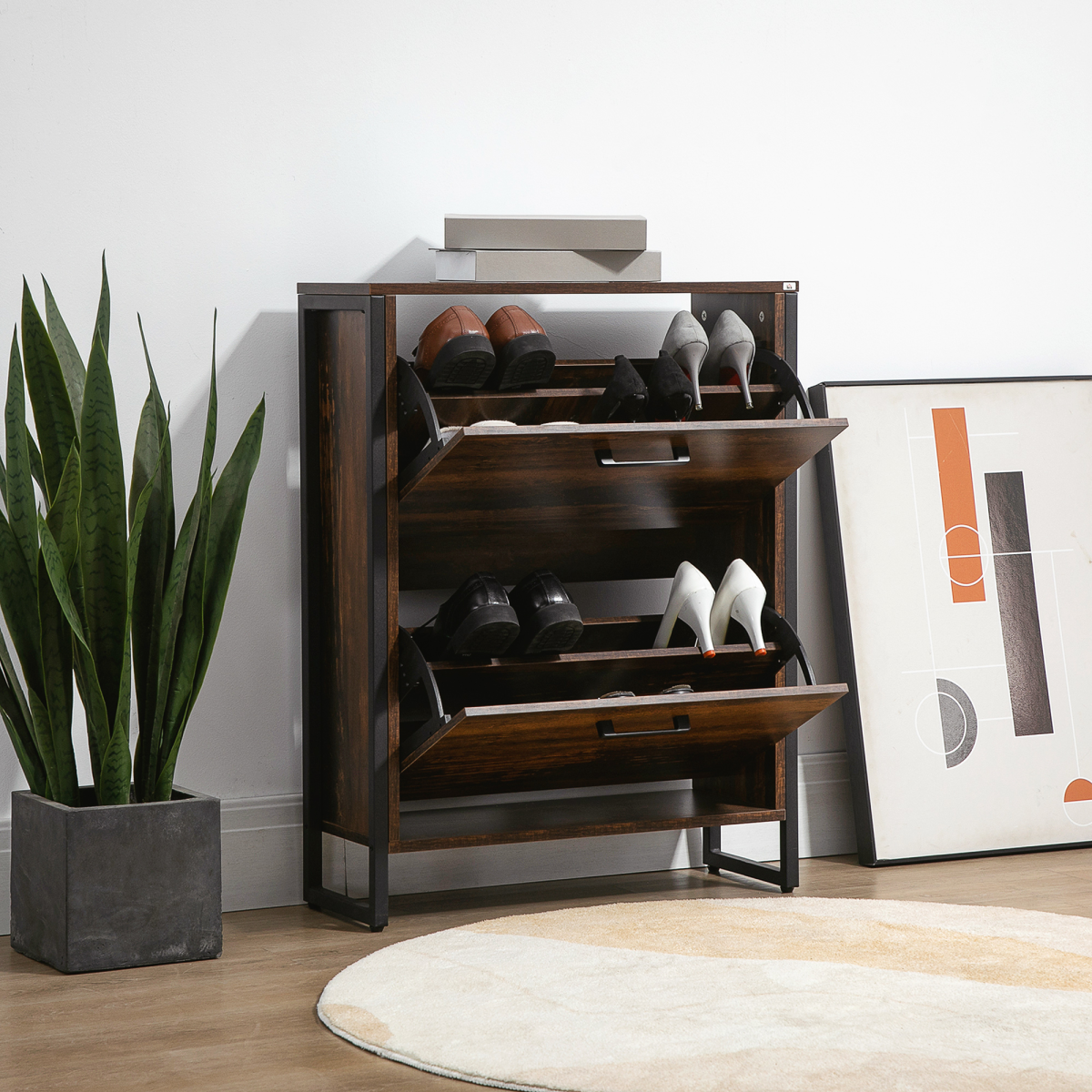 HOMCOM 2 Flip Door Shoe Cabinet with Internal Dividers – Slim Hallway Shoe Storage, Rustic Brown