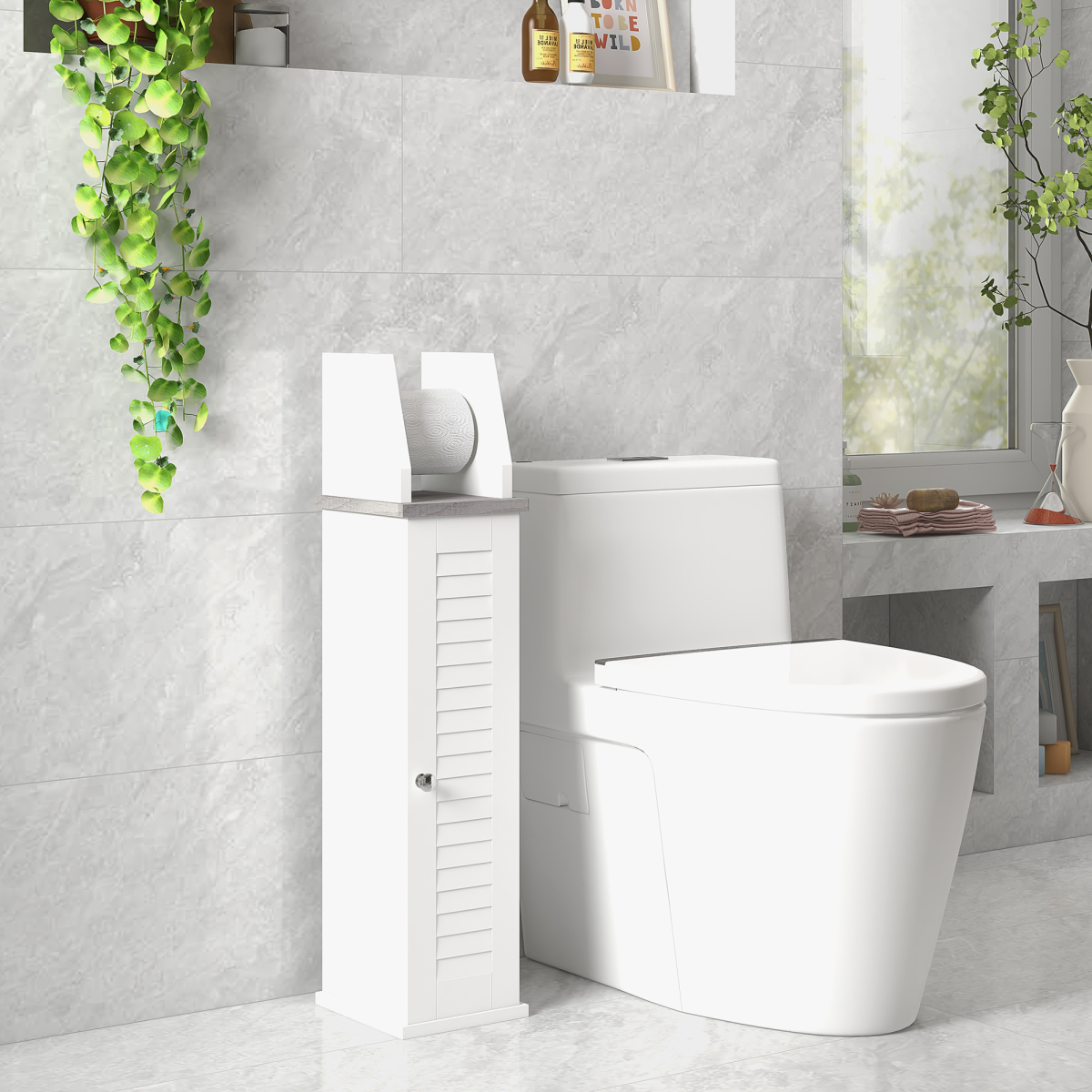 kleankin Slim Toilet Roll Storage Unit with Cupboard and Adjustable Shelf – Louvered Door Bathroom Cabinet, White