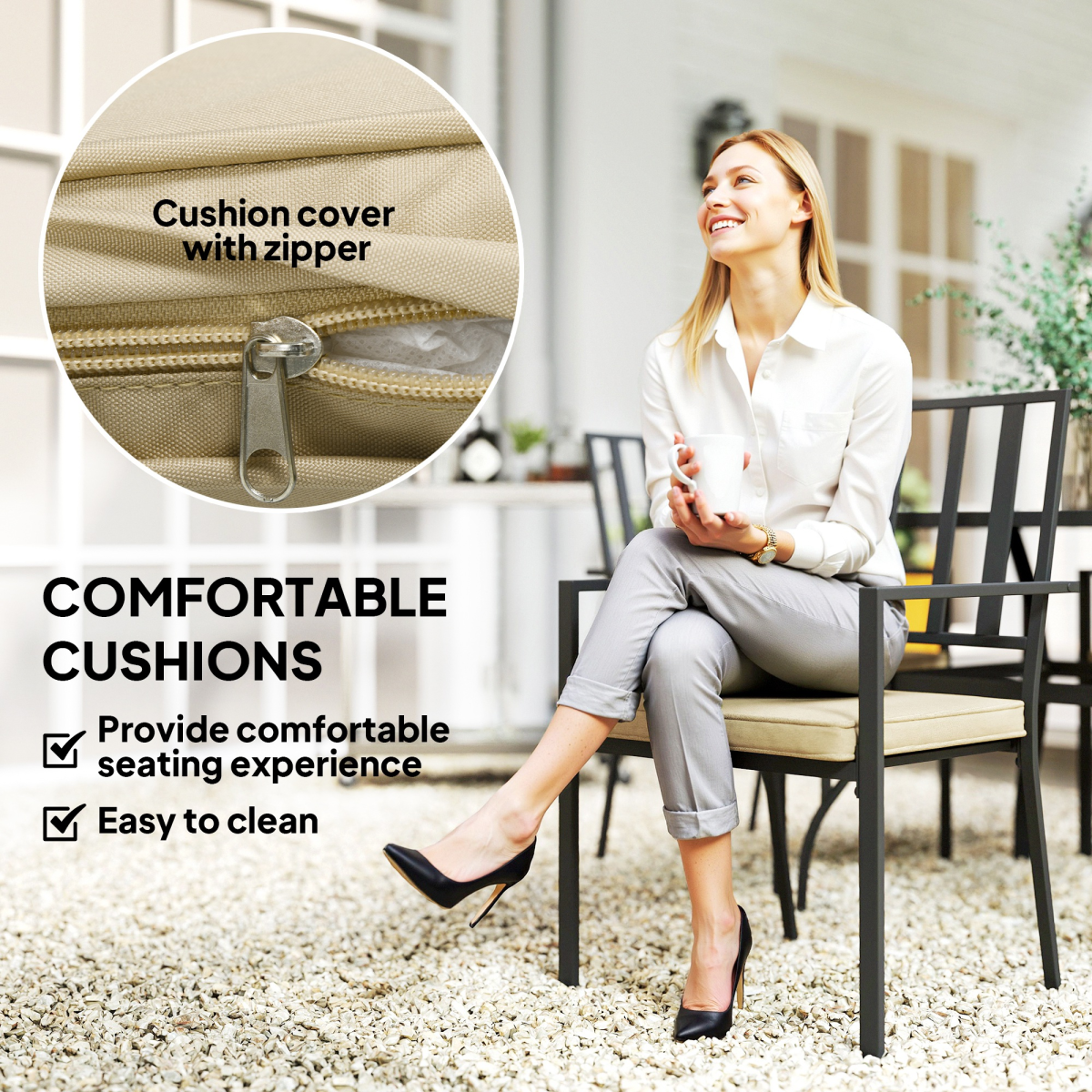 Outsunny Outdoor Dining Set with 4 Stackable Cushioned Armchairs & Metal Table, 50mm Umbrella Hole – Black/Beige