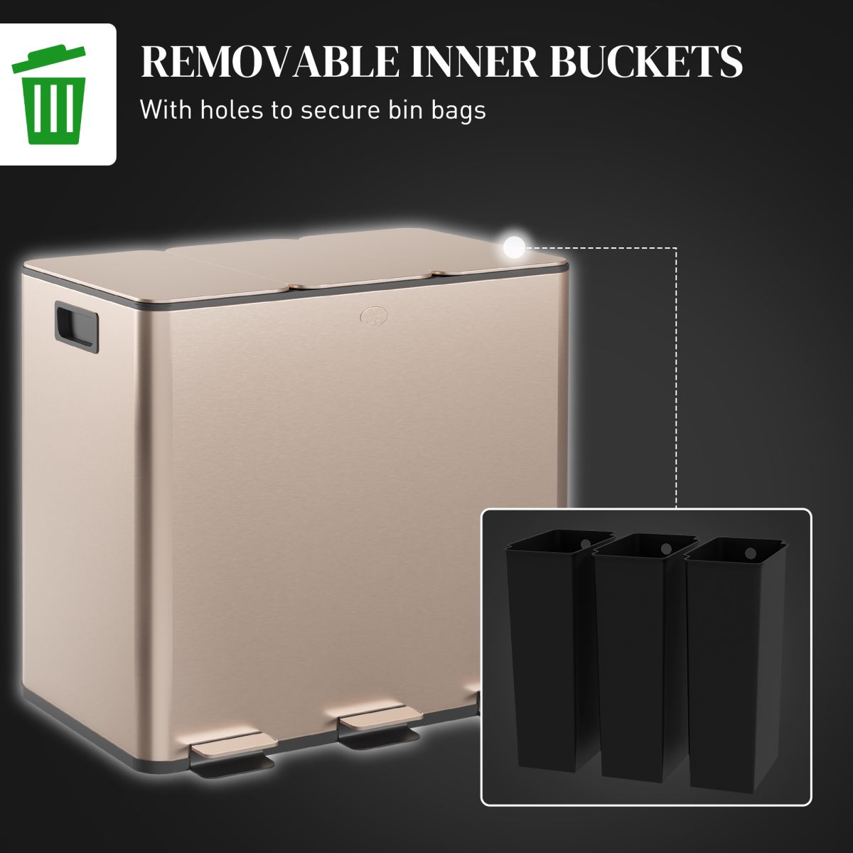 HOMCOM 3 x 15L Triple Recycling Pedal Bin with Lids – Kitchen Waste Sorting, Gold Tone