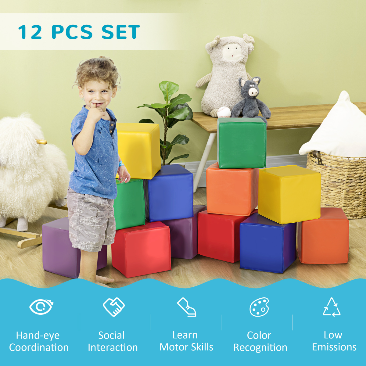 HOMCOM 12 Piece Kids Soft Foam Play Blocks – Stacking Building Set for Toddlers, Climbing and Crawling Toy