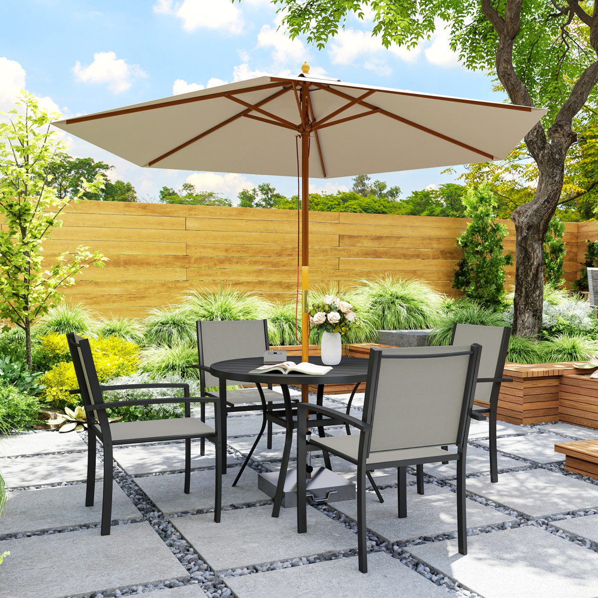 Outsunny 5-Piece Garden Dining Set with Round Table & 4 Stackable Chairs – Patio Furniture, Dark Grey