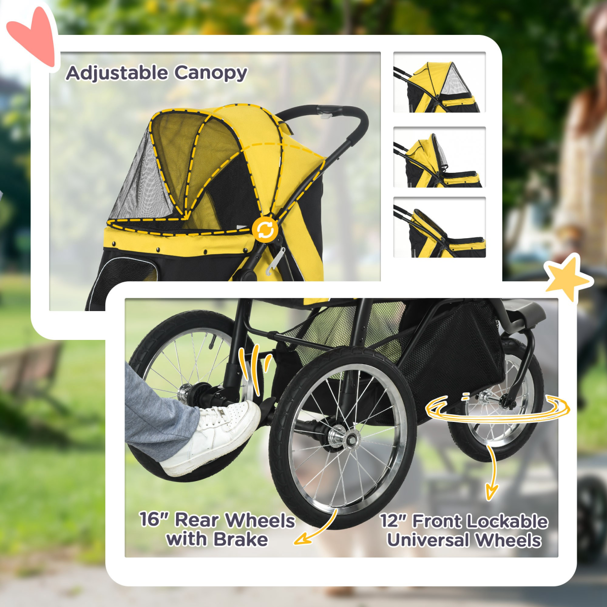 PawHut 3-Wheel Foldable Pet Stroller with Adjustable Canopy – For Small and Medium Dogs and Cats, Yellow