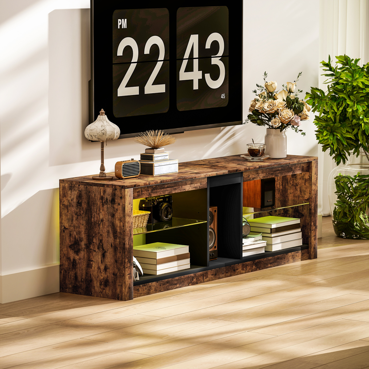 HOMCOM TV Stand with LED Lights & Remote Control – Entertainment Centre for TVs up to 65 Inch, Rustic Brown