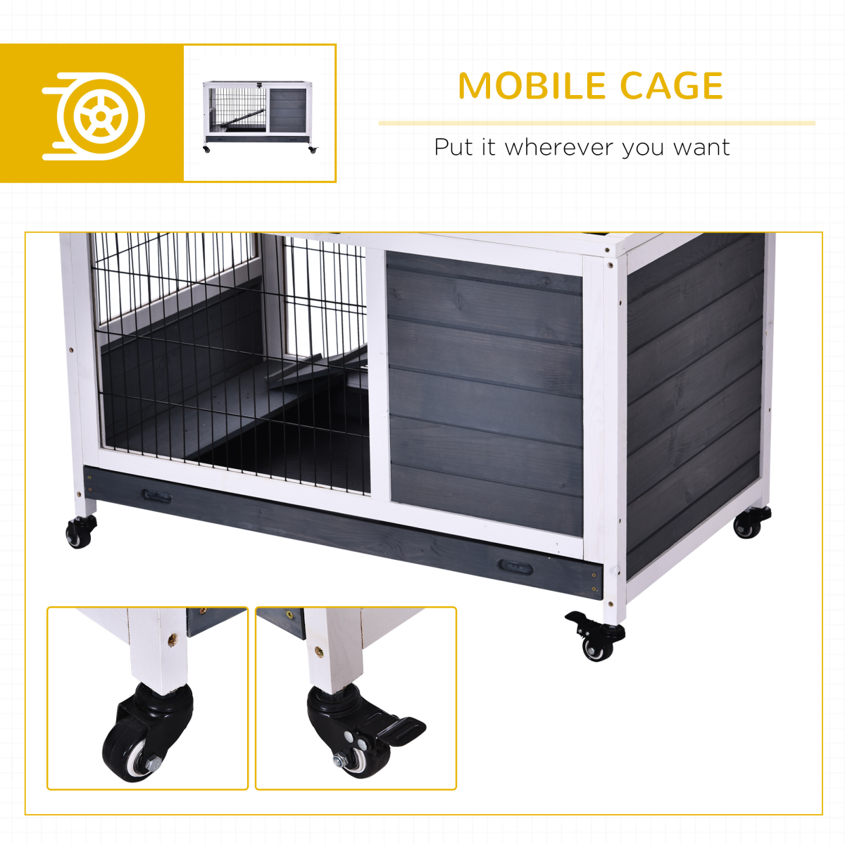 PawHut Indoor Two-Floor Wooden Rabbit Hutch with Wheels, Ramp & Pull-Out Tray – Guinea Pig Cage