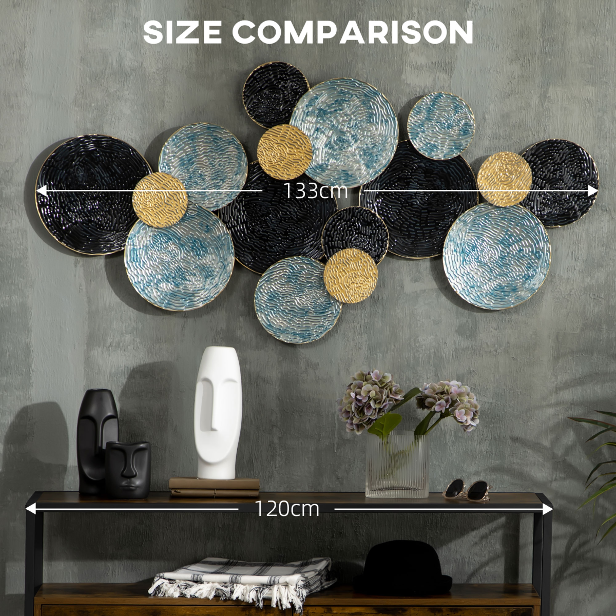 HOMCOM Multi-Disc Metal Wall Art Sculpture – 3D Modern Living Room Decor, Blue, Gold & Silver