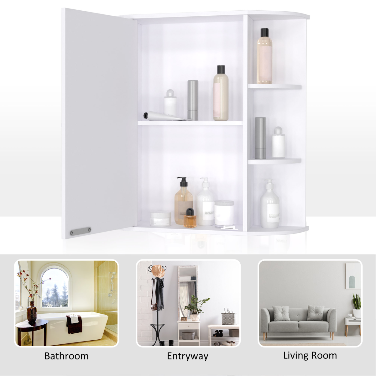 HOMCOM Wall-Mounted Bathroom Mirror Cabinet with Open Side Shelves – Spacious Family Storage