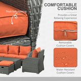 Outsunny 6-Piece Padded Rattan Garden Sofa Set with 3-Seater Sofa, 2 Reclining Armchairs, 2 Footstools & Table – Orange