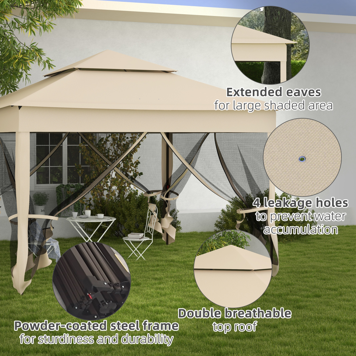 Outsunny 3.25x3.25m Heavy Duty Pop-Up Gazebo Party Tent with Net Curtains – Metal Frame, Cream White