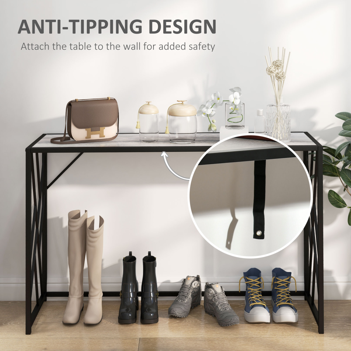 Vintage Industrial Console Table with Metal Frame and Wood-Effect Top – Hallway Sofa Table, Black and Grey