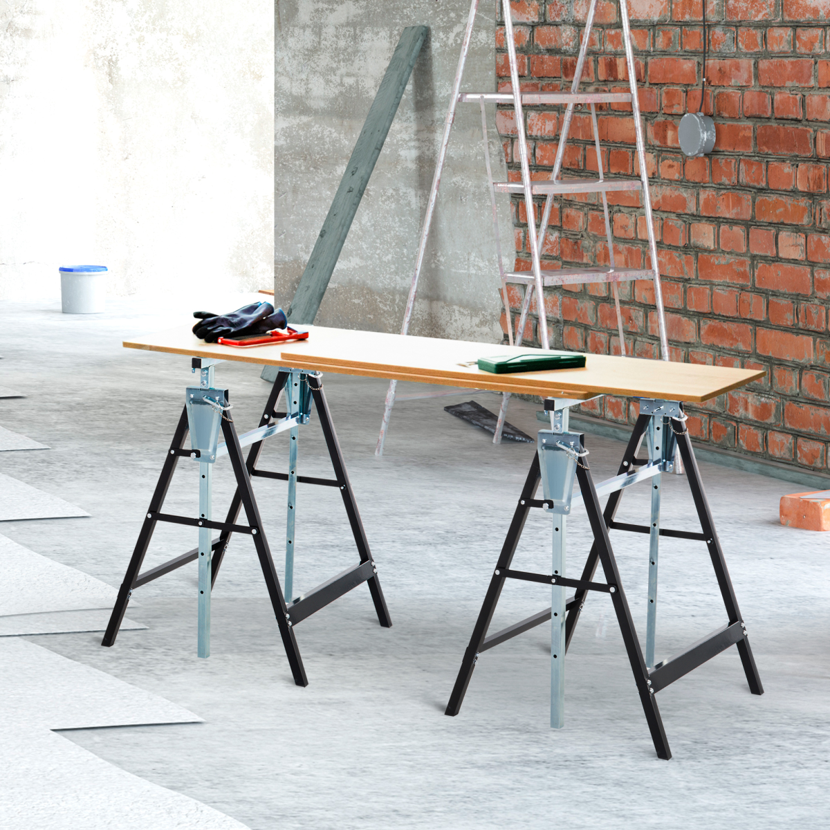 HOMCOM Set of 2 Telescopic Builders Trestles – Height Adjustable Folding Steel Work Benches, Black
