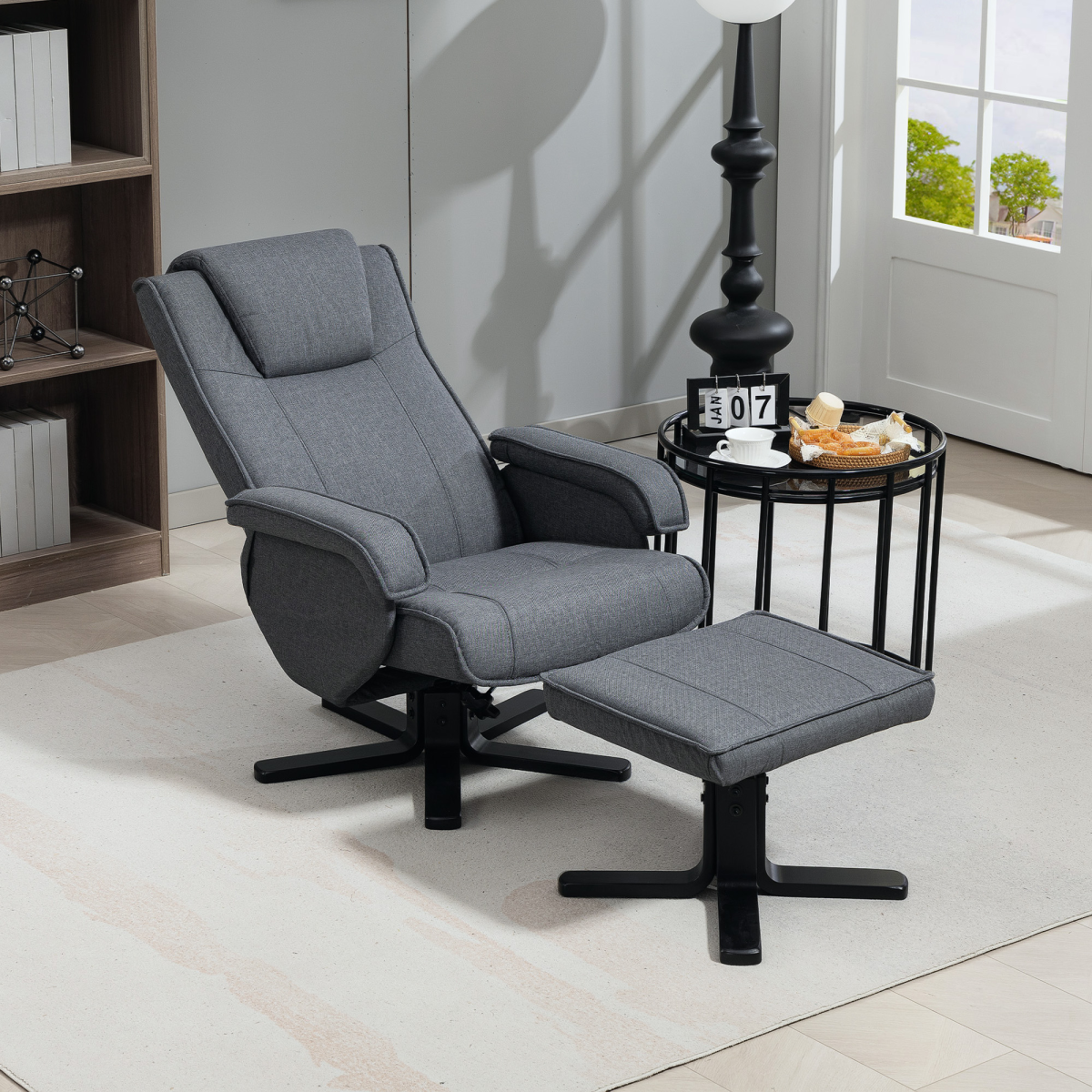 HOMCOM Rocker Swivel Recliner Chair with Footstool, 135° Stepless Recline – Linen-Feel Armchair, Charcoal Grey