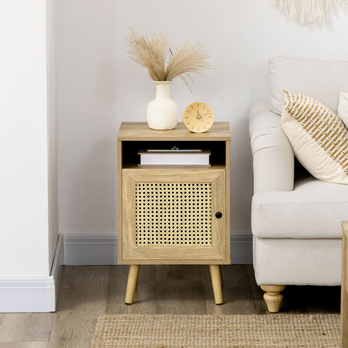 HOMCOM Rattan Bedside Table with Cabinet & Open Shelf – Boho Storage for Bedroom or Living Room