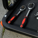 HOMCOM Rolling Workshop Stool with 360° Swivel Seat & Tool Tray – Padded Mechanic Stool for Garage, Red