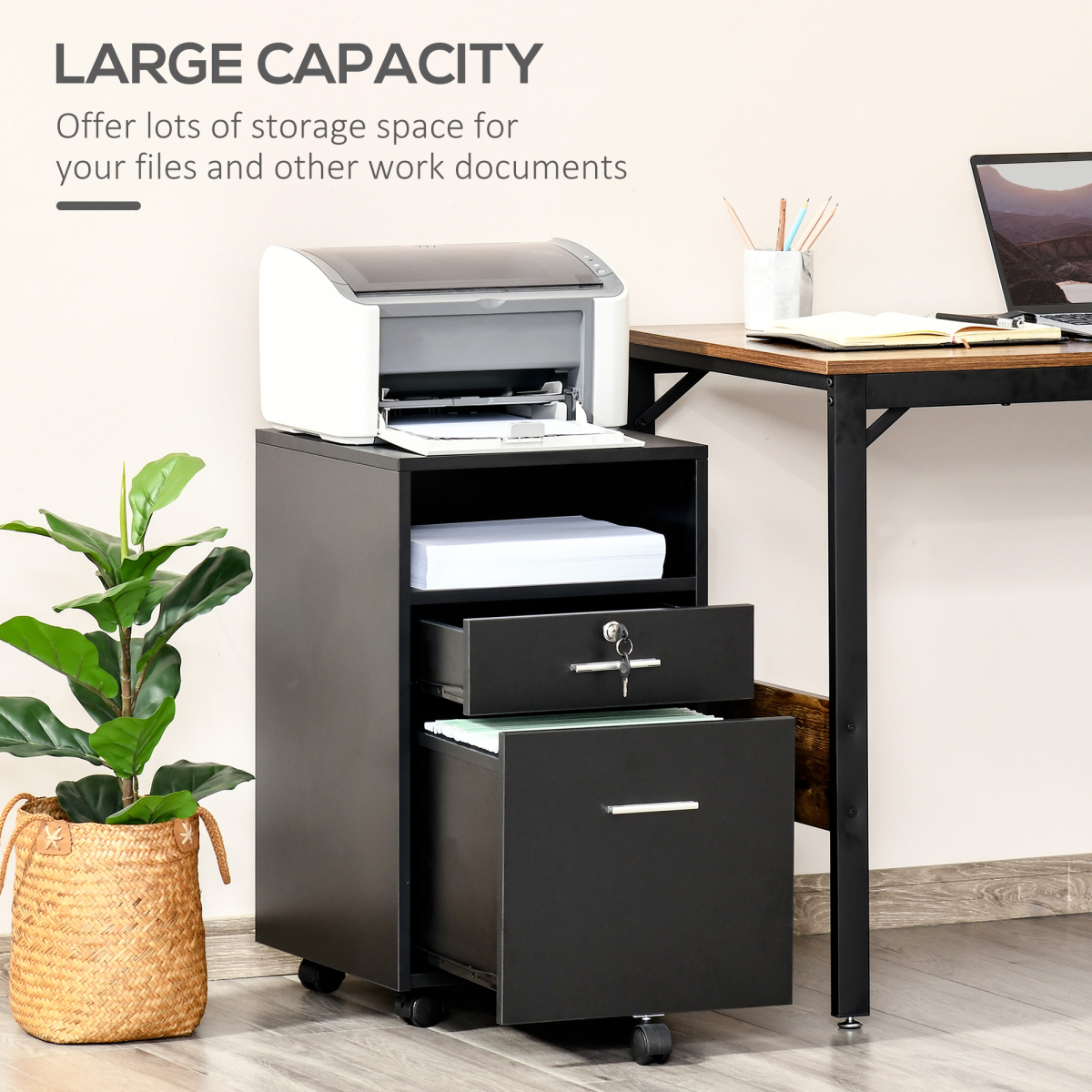 Vinsetto Mobile Lockable File Cabinet with Open Shelf & 5 Wheels – Home Office Storage, Black