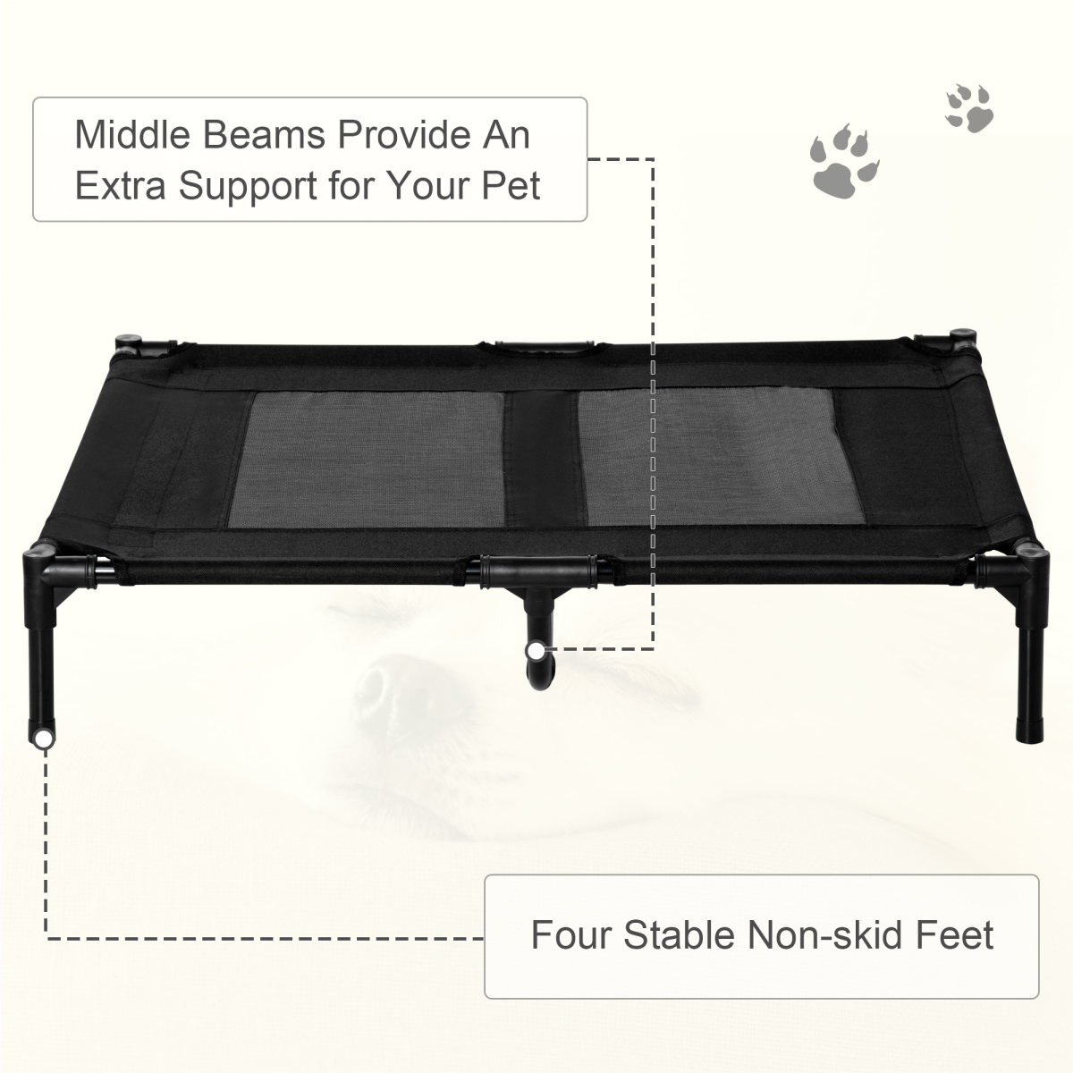 PawHut Large Elevated Pet Cot – Portable Raised Dog Bed for Camping & Outdoors, Black, 92 x 76 cm