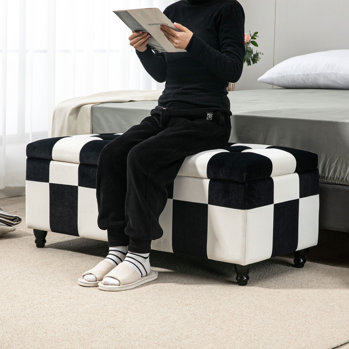 HOMCOM Velvet Button-Tufted Storage Ottoman Footstool Box, 114 x 47 x 47cm – Colour Block Bench