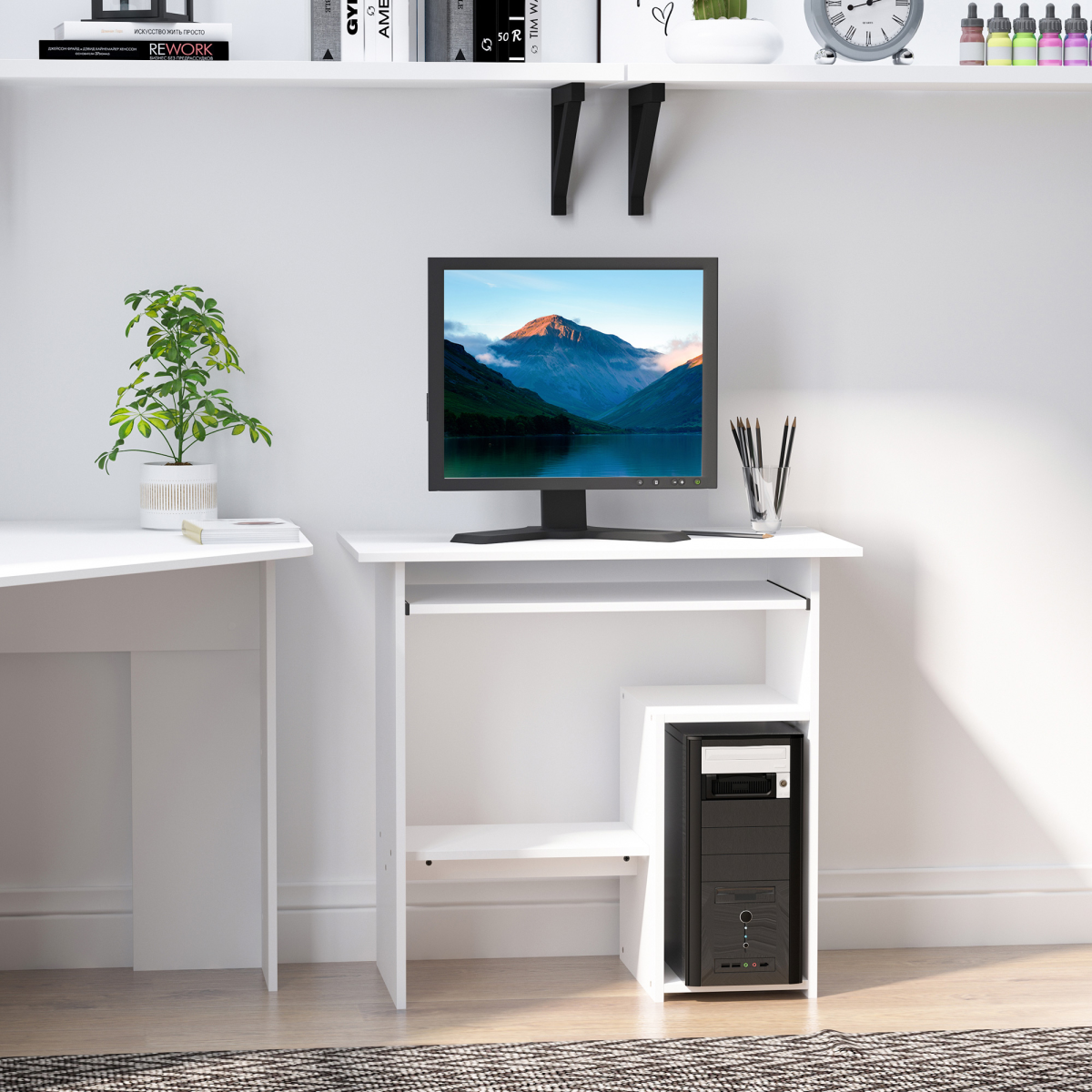 HOMCOM Compact Computer Desk with Slide-Out Keyboard Tray and Two Shelves – Melamine Home Office Desk, White