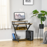 HOMCOM R-Shaped Computer Desk with Monitor Shelf and Storage Shelf, Metal Frame – Brown