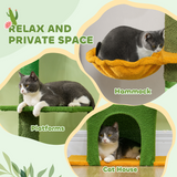 PawHut 230-275cm Floor-to-Ceiling Cat Tree for Indoor Cats with Cat House, Hammock & Anti-Tip Kit – Green