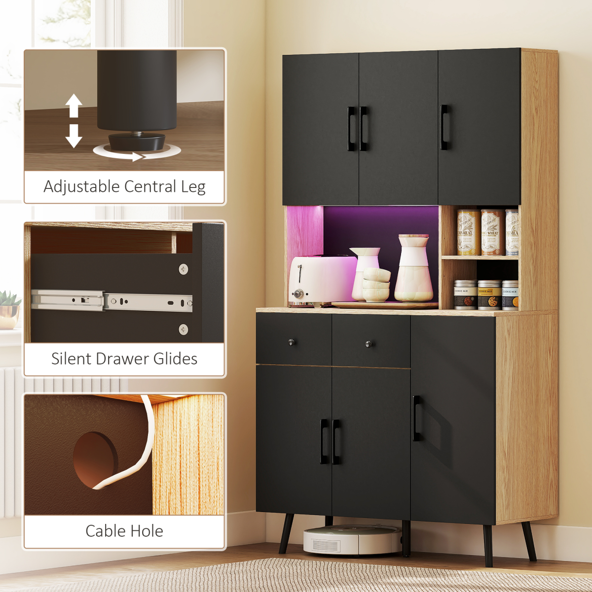 HOMCOM Tall Kitchen Cupboard with USB RGB LED Lights & Adjustable Shelves – Pantry Storage, Oak