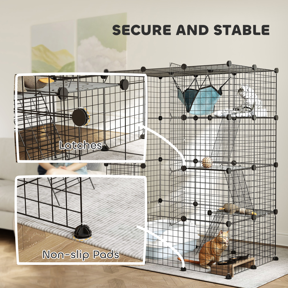 PawHut Customisable Cat Playhouse with Four Tiers, Ramps & Hammock – DIY Cat Enclosure for Up to Three Cats, Black