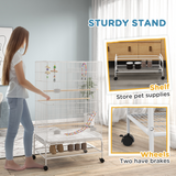 PawHut Rolling Bird Cage with Stand – Steel, Toys, Perches and Wheels, 79 x 49 x 133cm, White
