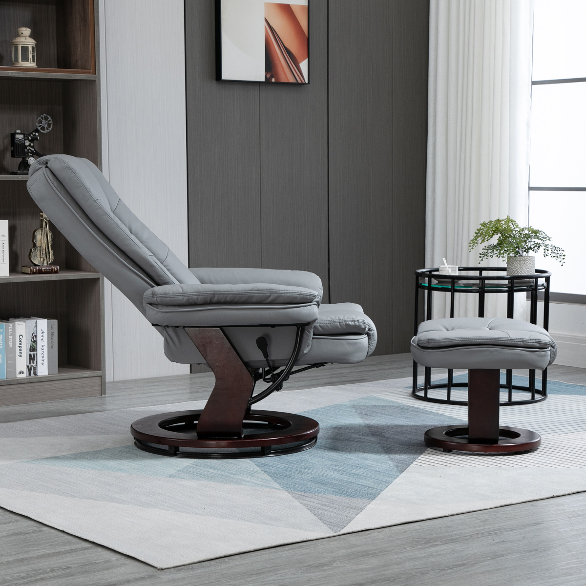 Swivel Manual Recliner & Footrest Set – 135° Recline PU Leather Lounge Chair with Wooden Base, Grey