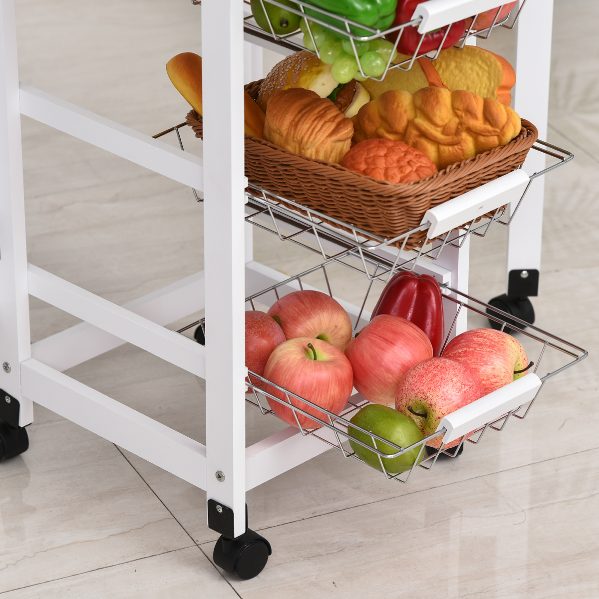 HOMCOM Extendable Drop Leaf Kitchen Island Trolley with Storage Shelves & Cabinet – White
