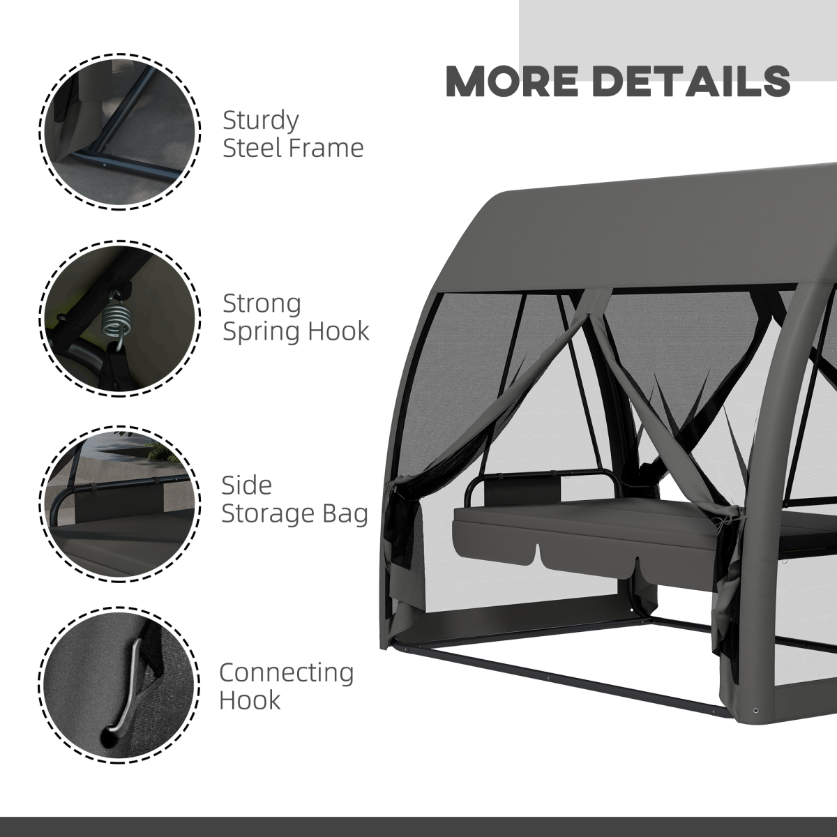 Outsunny 3-Seater Garden Swing Chair with Canopy, Mesh Sides & Insect Net – Hammock Lounger Bed, Grey