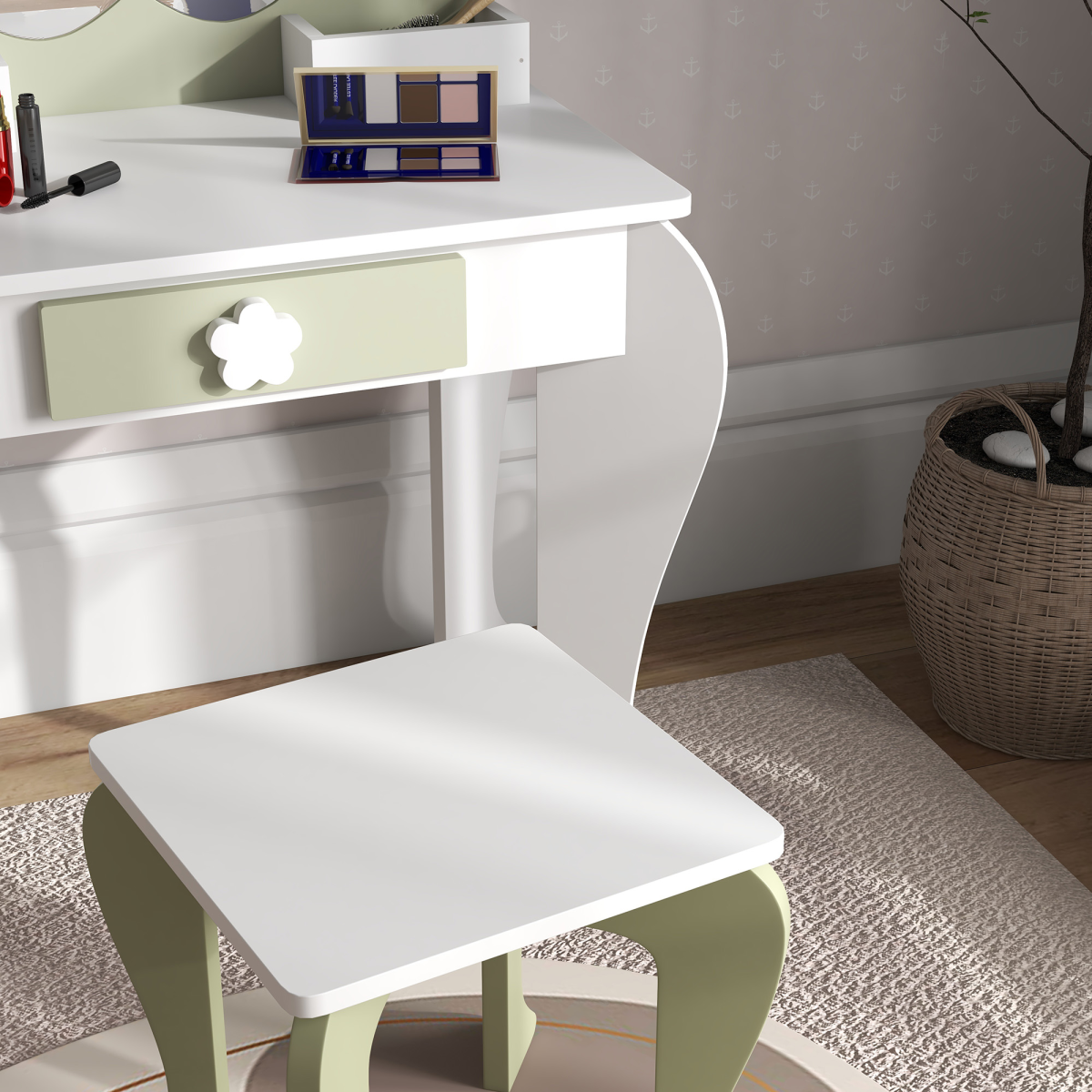 ZONEKIZ Kids Vanity Table Set with Stool, Mirror & Drawer, Flower Design – Girls Dressing Table, White