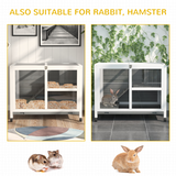 PawHut Two-Floor Wooden Rabbit Hutch with Wheels, Ramp & Pull-Out Tray – Indoor Small Animal House, Grey