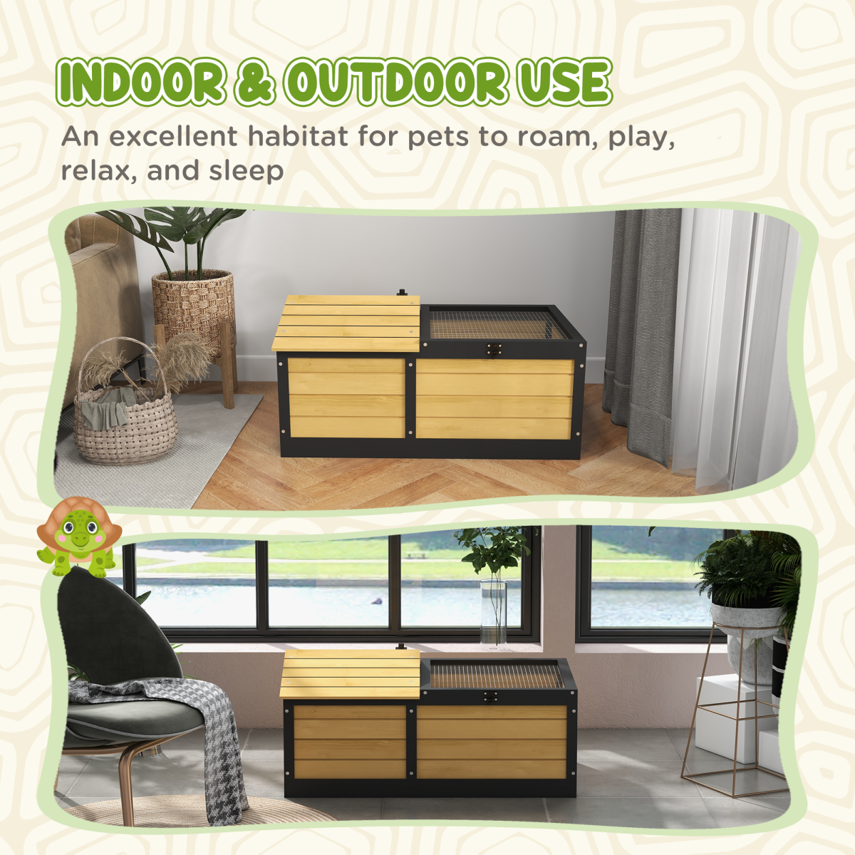 PawHut Wooden Tortoise House with Hide Shelter Den, Run & Openable Roof – Small Reptile Habitat, Yellow