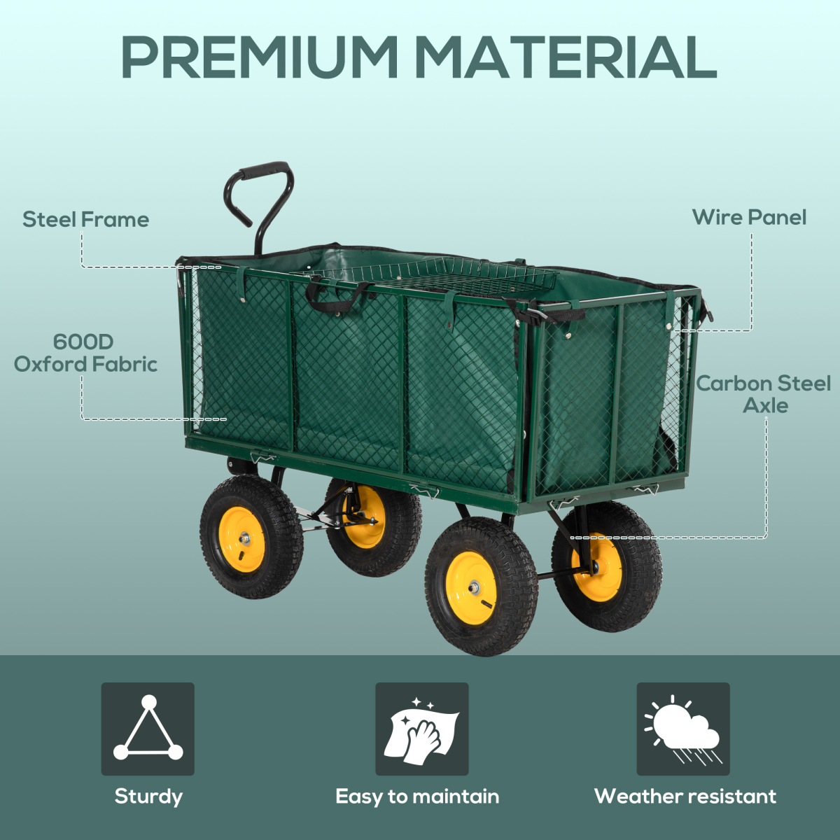Outsunny Large 4-Wheel Garden Cart with 342L Removable Fabric Bag – 350kg Capacity Trolley, Green