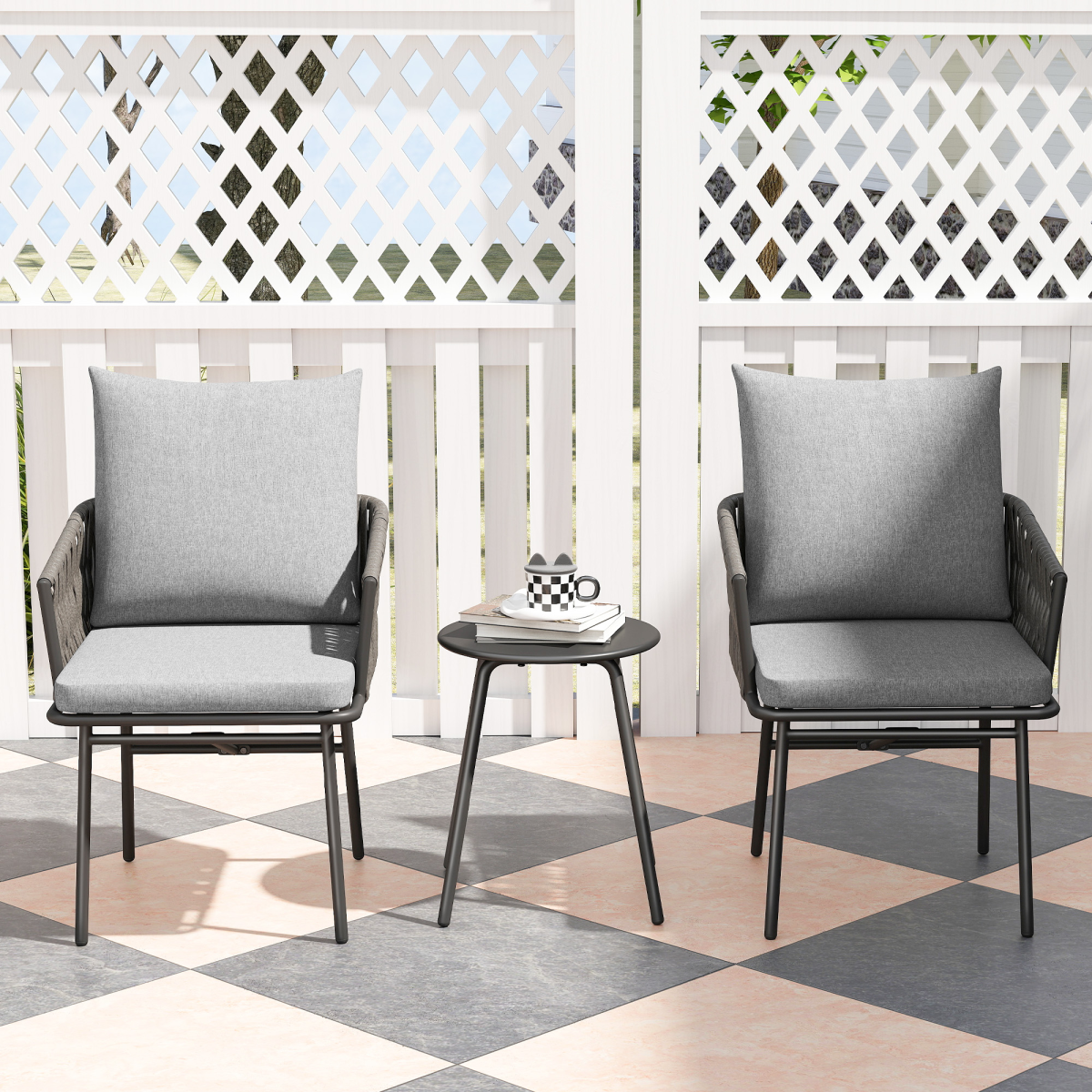 Outsunny 3-Piece Rattan Bistro Set with 2 Cushioned Chairs & Round Metal-Top Table – Balcony Furniture, Grey