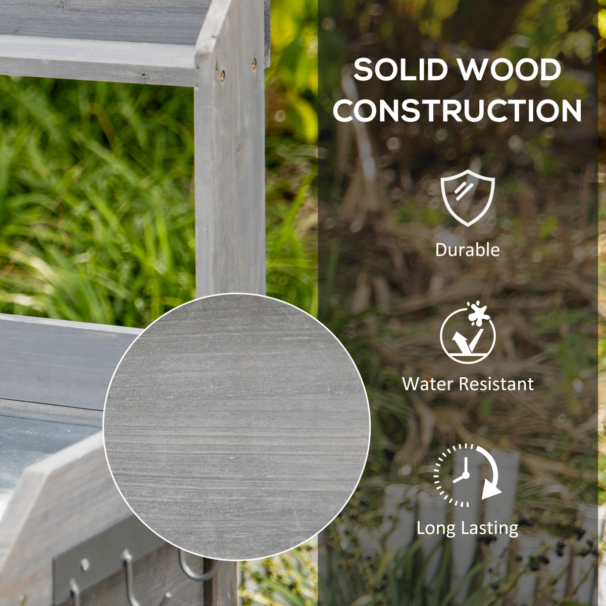 Outsunny Garden Potting Workstation Bench with Galvanised Metal Tabletop, Drawer and Shelves – Solid Wood