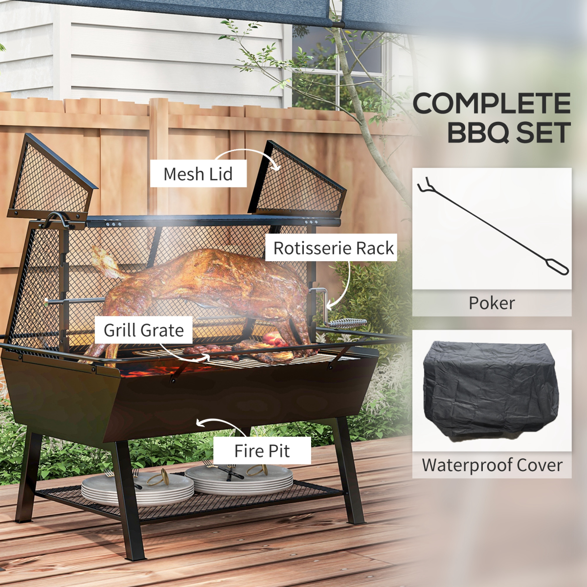 Outsunny 3-in-1 BBQ Rotisserie Grill and Fire Pit with Adjustable Rack and Mesh Lid – Outdoor Cooking, Black