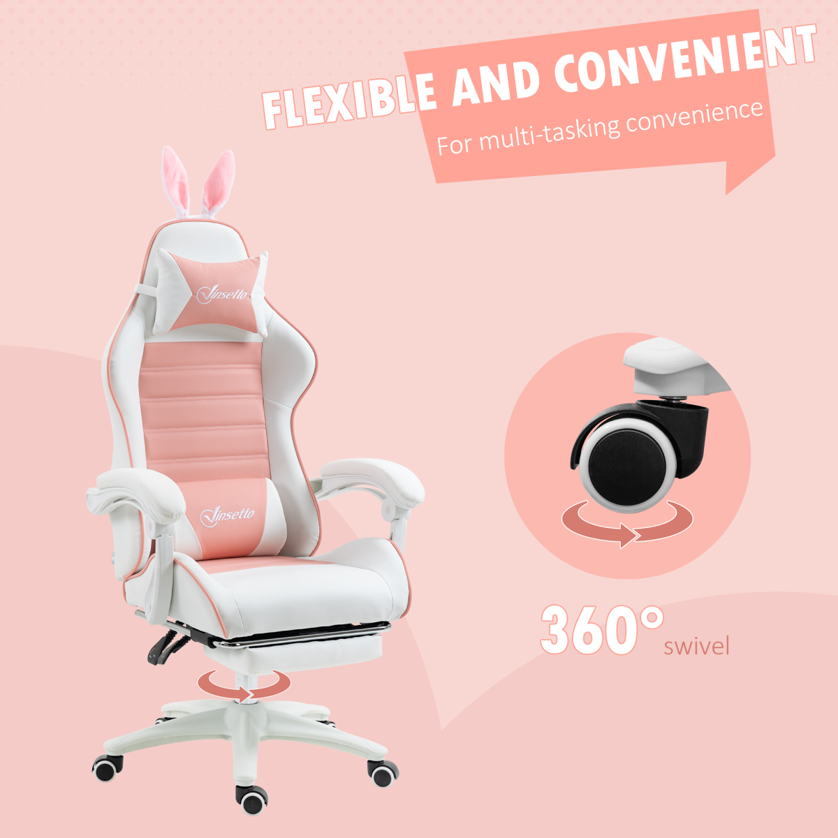 Vinsetto Pink Gaming Chair with Removable Bunny Ears, Retractable Footrest & Reclining Backrest