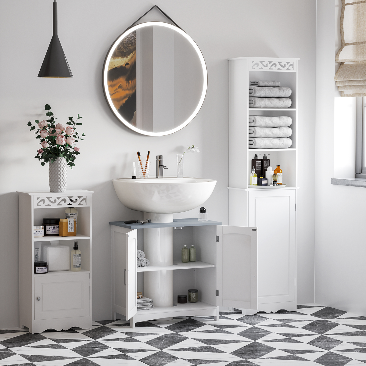 kleankin Pedestal Under-Sink Cabinet with 2 Doors & Adjustable Shelf – Bathroom Storage Vanity Unit, White