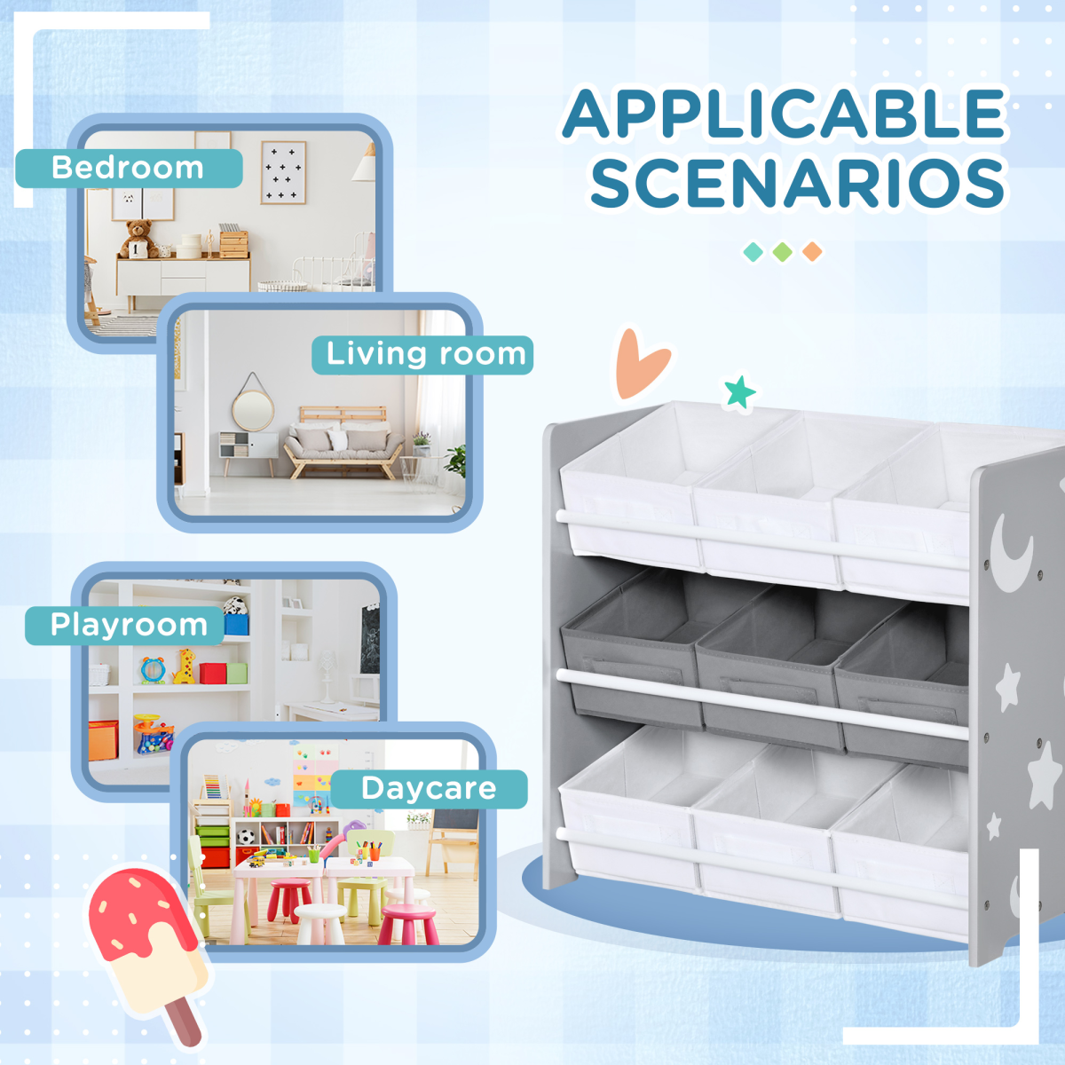 ZONEKIZ Storage Unit with 9 Removable Storage Baskets for Nursery Playroom – Grey