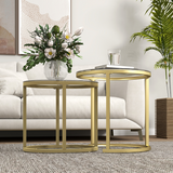 HOMCOM Glass Accent Table Set with Gold Tone Steel Frames – Round & Oblong Side Tables, Clear Tempered Glass