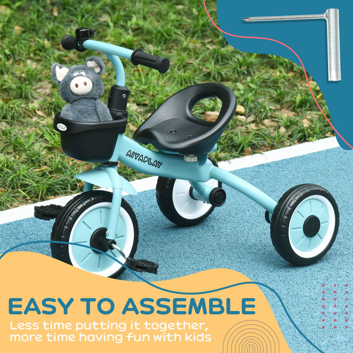 AIYAPLAY Kids Tricycle with Adjustable Seat, Bell & Basket – Ages 2-5 Years, Blue