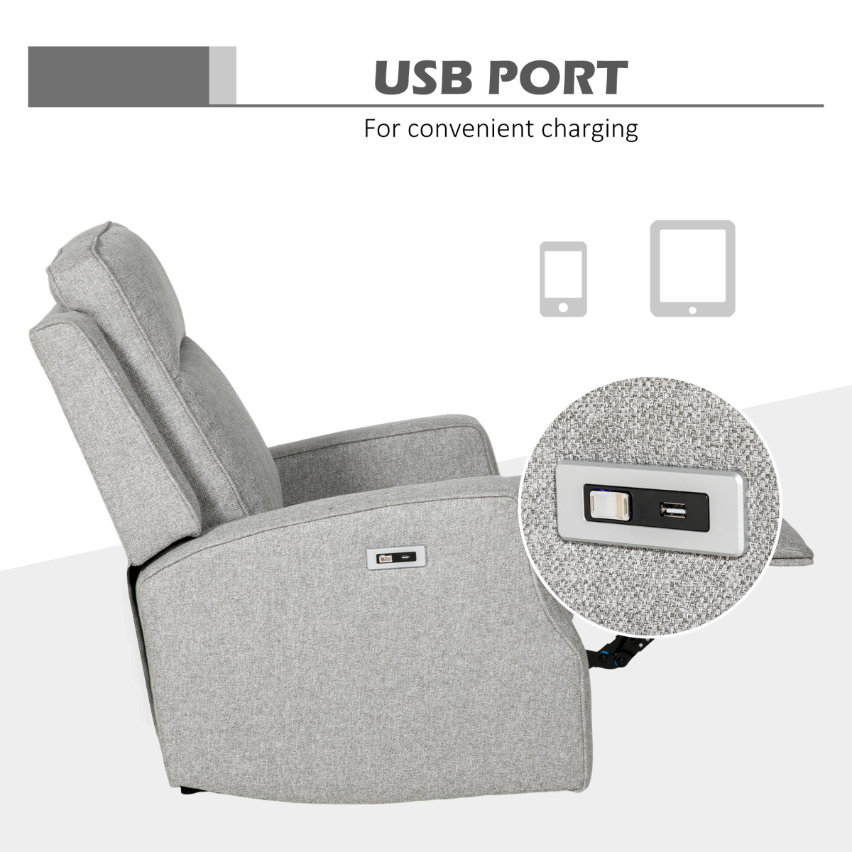 HOMCOM Electric Fabric Recliner Armchair with USB Port & Retractable Footrest – Grey