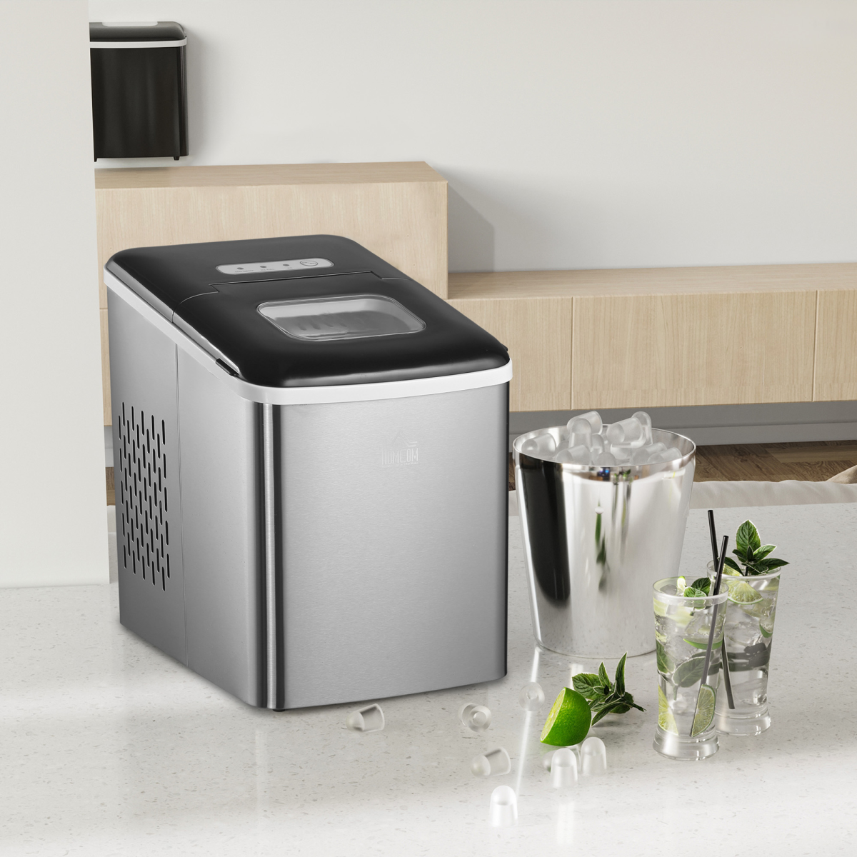 HOMCOM Portable Countertop Ice Maker with 9 Bullet-Shaped Cubes per Cycle – No Plumbing Required, Black