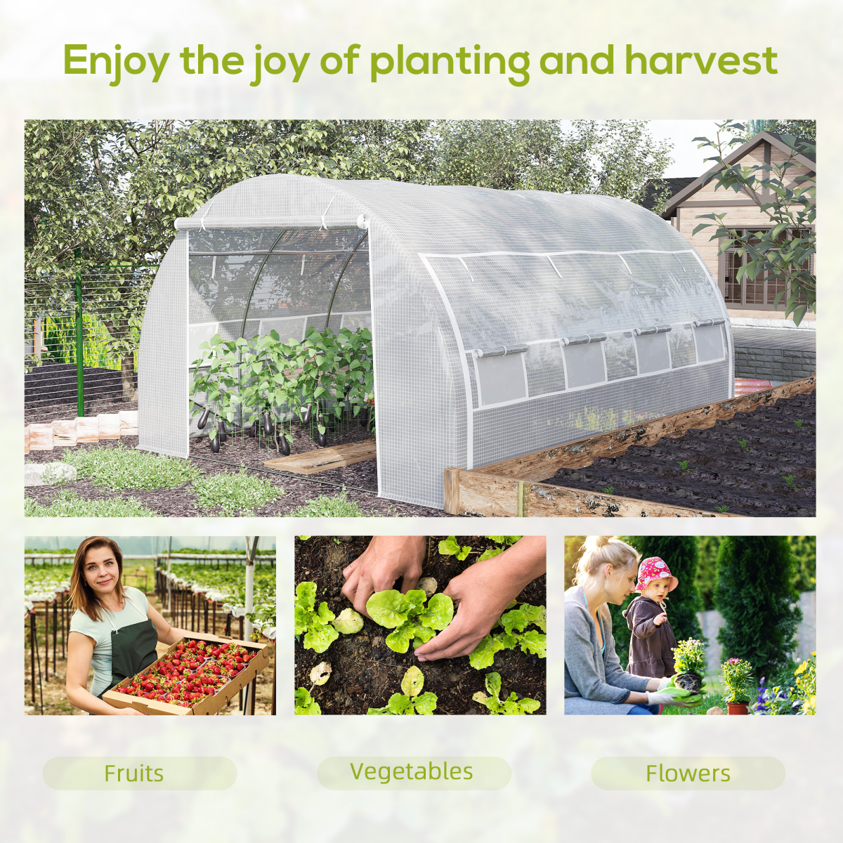 Outsunny 4 x 3 x 2m Walk-in Polytunnel Greenhouse with Steel Frame, Roll-Up Sides & 8 Windows, White