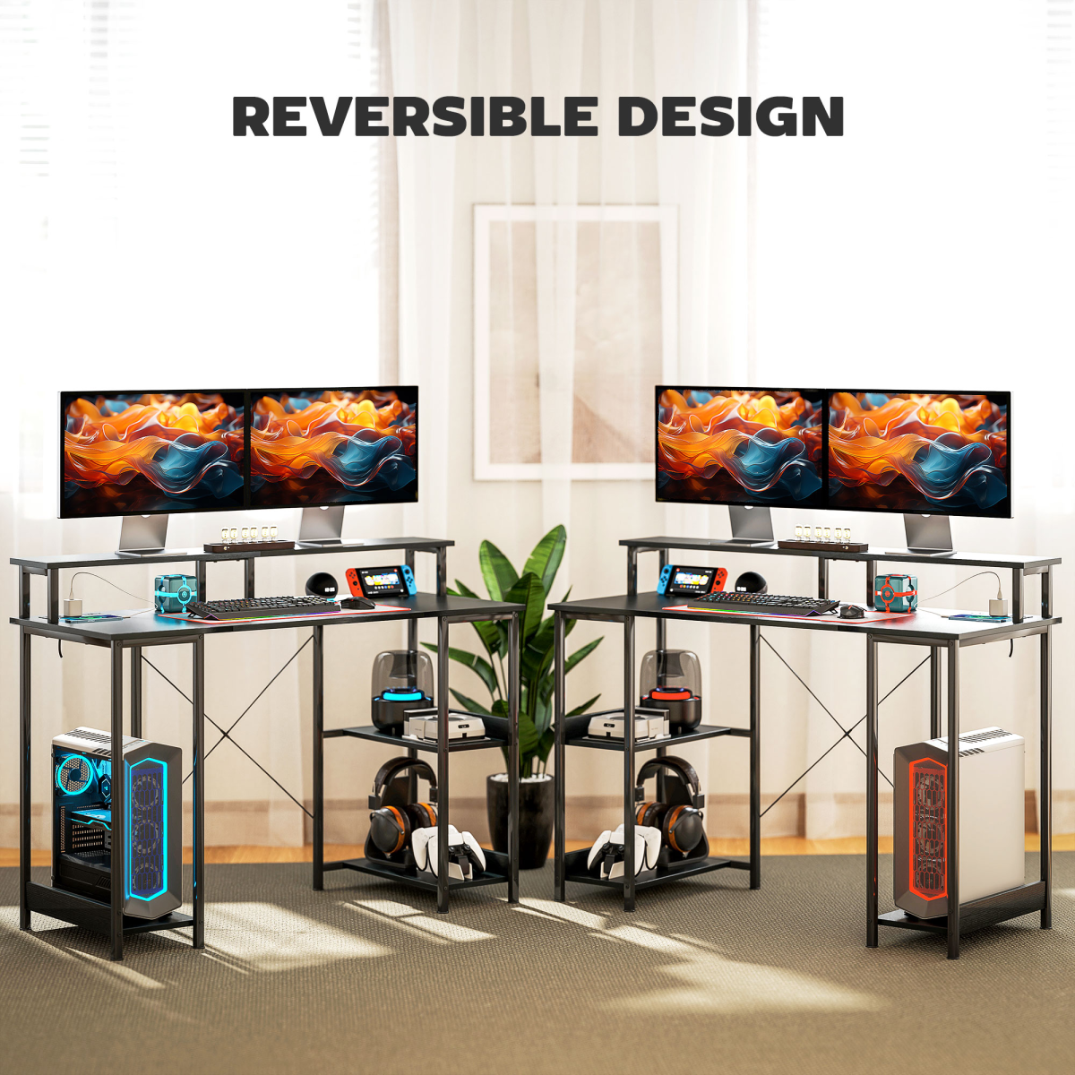 HOMCOM Reversible Computer Desk with Charging Station, RGB LED Lights & Monitor Stand – Home Office, Black