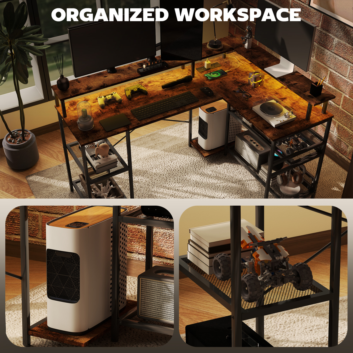 HOMCOM L-Shaped Gaming Desk with RGB LED Lights & Power Outlets – Corner Computer Desk